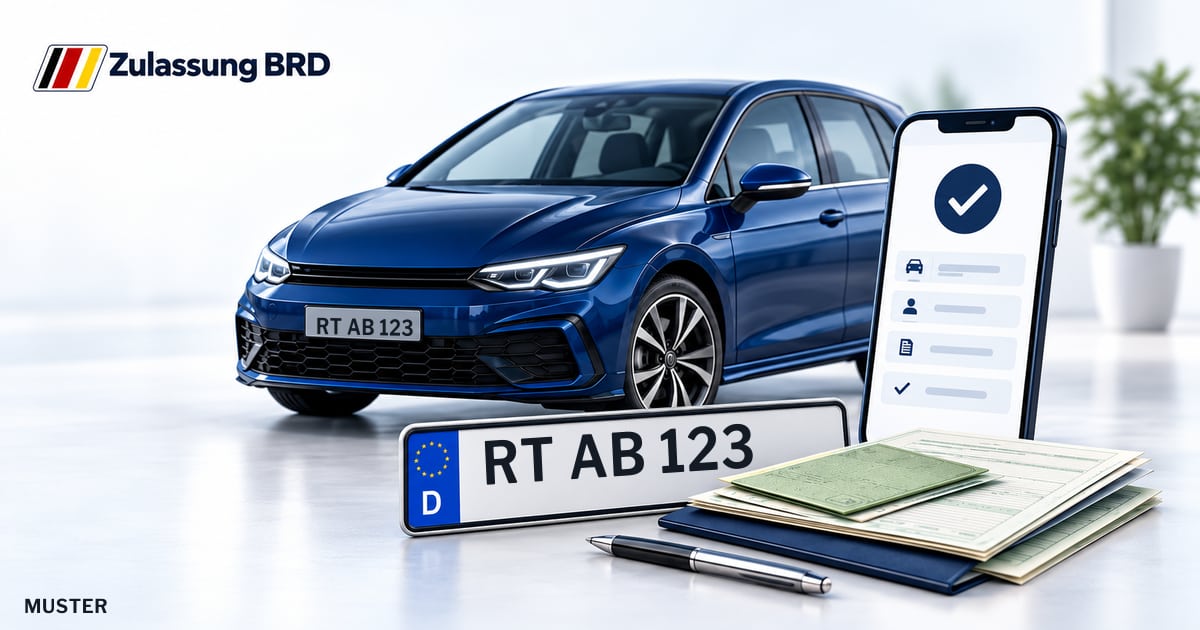 Online Fahrzeugzulassung in Reutlingen: Musterkennzeichen RT AB 123, Auto und Fahrzeugpapiere und Smartphone. Illustration mit Logo von Zulassung BRD.
